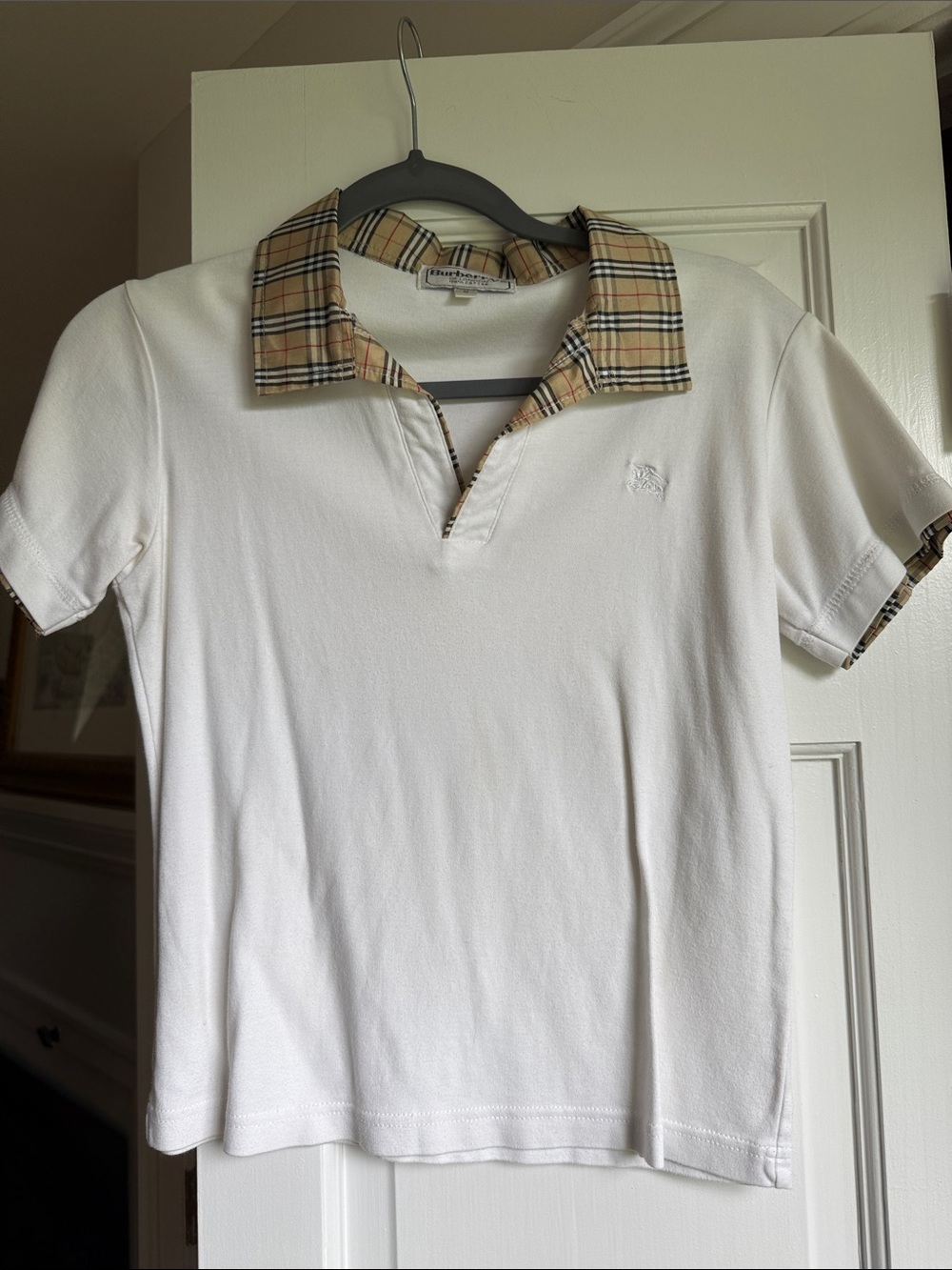 White Polo with Tan Plaid Collar